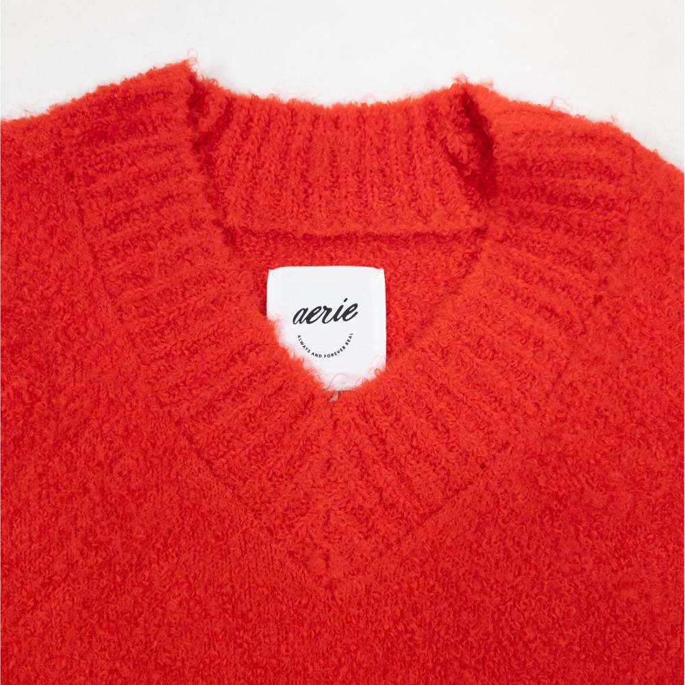 Aerie Eyelash Knit Sweater Women S Red V-Neck Oversized Soft Girl Cabincore Cozy - Picture 3 of 11